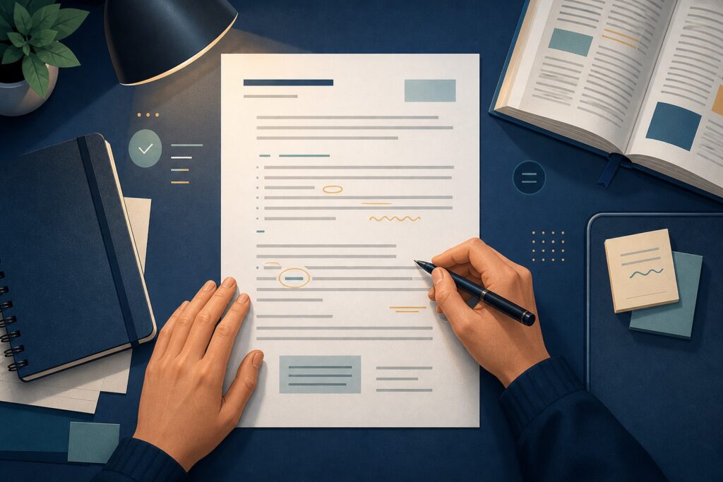 Applicant reviewing a professional report to practise spelling, vocabulary, grammar and punctuation