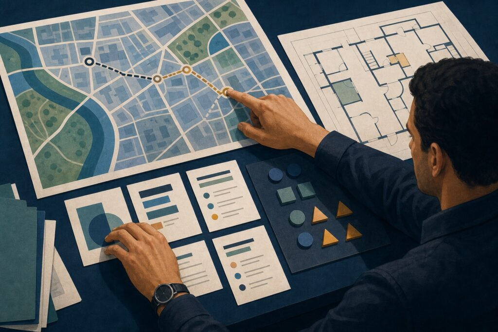 Applicant solving an OACP-style problem using an abstract map, floor plan and policy information