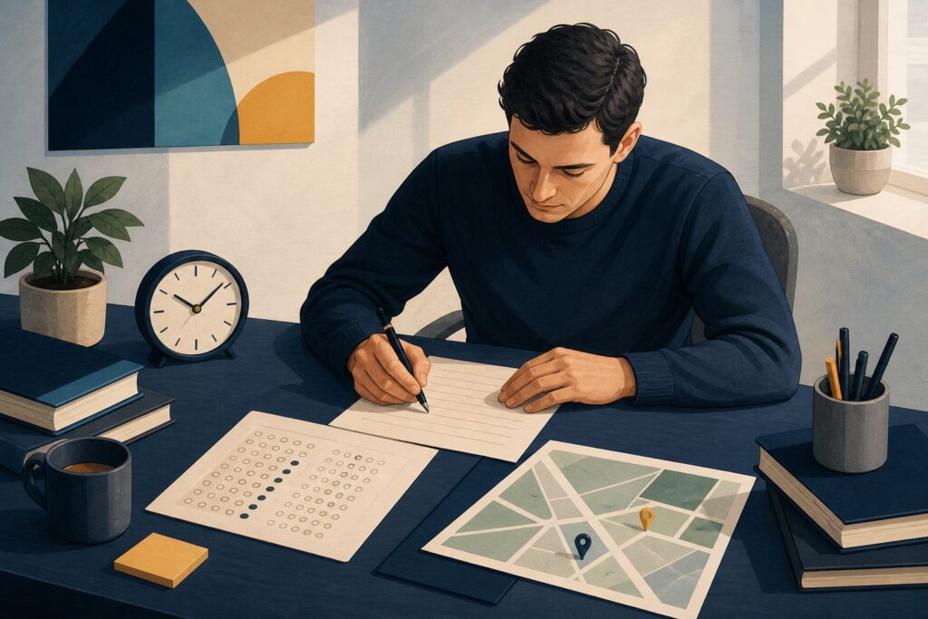 Police applicant preparing for the timed OACP SSPO assessment with an answer sheet and map